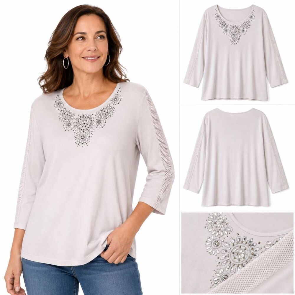Alfred Dunner White Embellished Knit Top Petite XL
